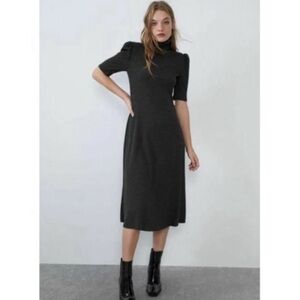 ZARA Ribbed Knit Puff Sleeve Midi Dress